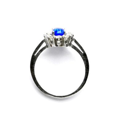 Zlatý prsten Kate, tmavě modrý syntetický opál, čiré zirkony, bílé i žluté zlato - T 1480