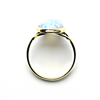 Zlatý prsten, syntetický světle modrý opál, žluté zlato - T 1454