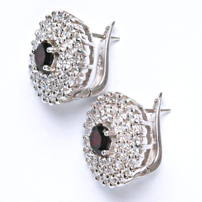 Stříbrné náušnice, přírodní granát, šperky s granáty, zirkon, 17,92 g