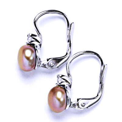 Náušnice stříbrné s přírodní růžovou perlou a čirým zirkonem, NK 1243 pp 6 mm