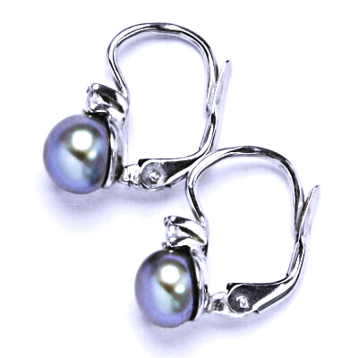 Náušnice stříbrné s přírodní šedozelenou perlou a čirým zirkonem, NK 1243 pp