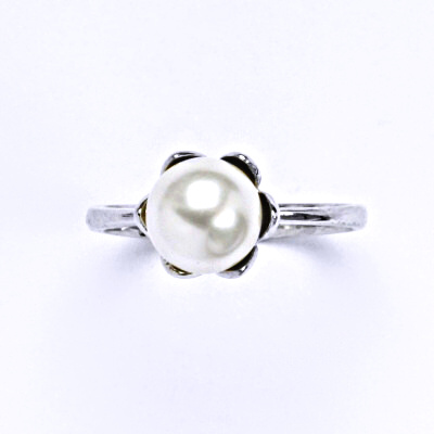 Zlatý prsten, Swarovski bílá perla 8 mm, bílé i žluté zlato - T 1351