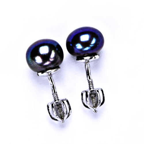 stříbrné náušnice na šroubek, šperky(přírodní říční perla černá s leskem do modra 7,5mm)NŠ 1356