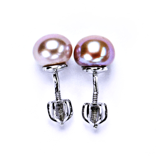 stříbrné náušnice na šroubek, přírodní perla říční růžová 7,5 mm, NŠ 1356