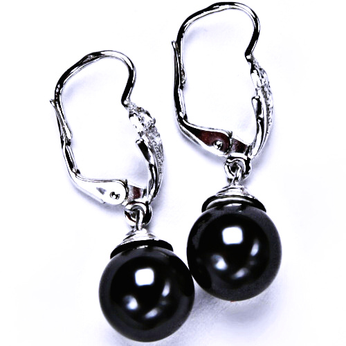 stříbrné náušnice s umělou černou perlou 10 mm, patent, šperky, NK 1193/9 