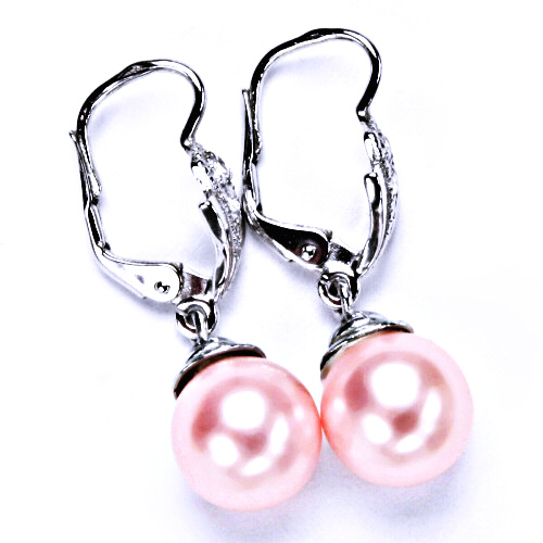 stříbrné náušnice s umělou růžovou perlou, patent, šperky NK 1193/9 