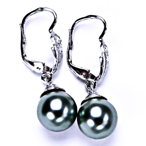 stříbrné náušnice s umělou zelenošedou perlou, patent, šperky NK 1193/9 
