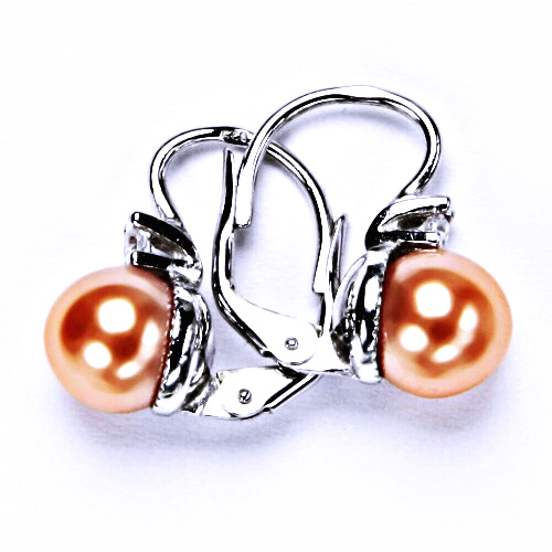 stříbrné šperky, náušnice na patent s umělou lososovou perlou NK 1207 