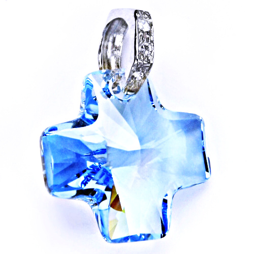 Stříbrný přívěšek,šperky, Swarovski krystal kříž 20 mm akvamarin, P 1304 