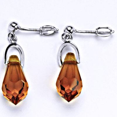 Stříbrné náušnice na šroubek, krystal, sklo oranžové NŠ 1191