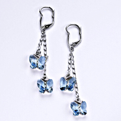 Náušnice stříbrné s krystaly Swarovski akvamarín, motýlci na řetízku, NK 1307/2/20