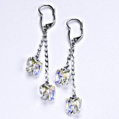 Náušnice stříbrné s AB krystaly Swarovski, motýlci na řetízku, NK 1307/2/20