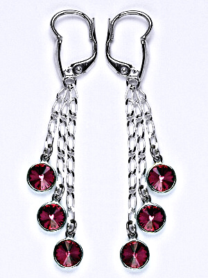 Náušnice stříbrné s krystaly Swarovski fuchsia, kolečka na řetízku, NK 1336/3/20