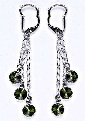 Náušnice stříbrné s krystaly Swarovski olivine, kolečka na řetízku, NK 1336/3/20