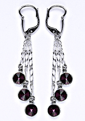 Náušnice stříbrné s krystaly Swarovski amethyst, kolečka na řetízku, NK 1336/3/20