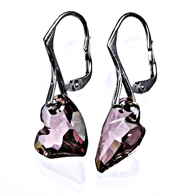 Stříbrné náušnice se Swarovski krystaly Antique Pink, srdce 17 mm, NK 1295