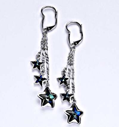 Náušnice stříbrné s krystaly Swarovski bermuda blue, hvězdy na řetízku, NK 1325/3/20