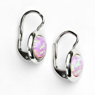 Zlaté náušice, bílé zlato, syntetický růžový opál, NK 1472