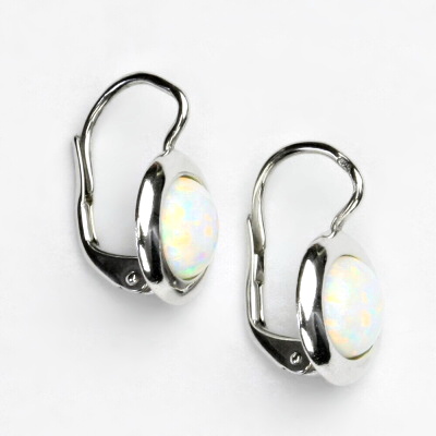 Zlaté náušice, bílé zlato, syntetický bílý opál, NK 1472