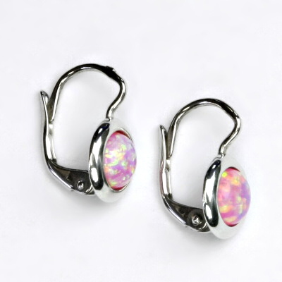 Zlaté náušice, bílé zlato, syntetický růžový opál, NK 1470