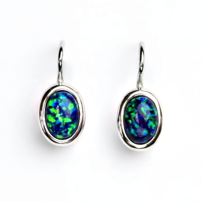 Zlaté náušnice, bílé zlato, zelený syntetický opál - NK 1354