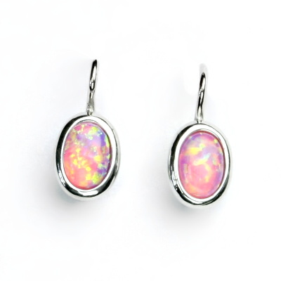 Zlaté náušnice, bílé zlato, růžový syntetický opál - NK 1354 