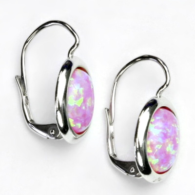 Zlaté náušnice, bílé zlato, růžový syntetický opál, NK 1453