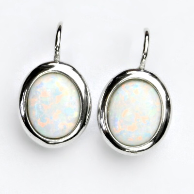 Zlaté náušnice, bílé i žluté zlato, bílý syntetický opál - NK 1453