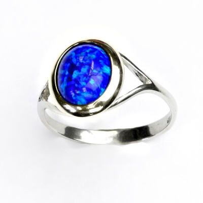 Zlatý prsten, bílé zlato, tmavě modrý syntetický opál - T 1453 