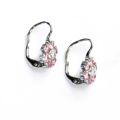 Zlaté náušnice kytičky, bílé i žluté zlato, zirkony pink a čiré - VE 24 