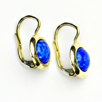 Zlaté náušice, žluté zlato, syntetický tmavě modrý opál, NK 1472
