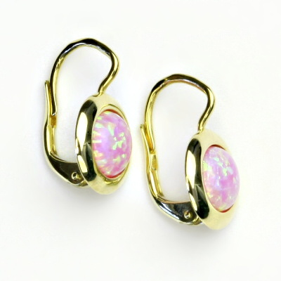 Zlaté náušice, žluté zlato, syntetický růžový opál, NK 1472 