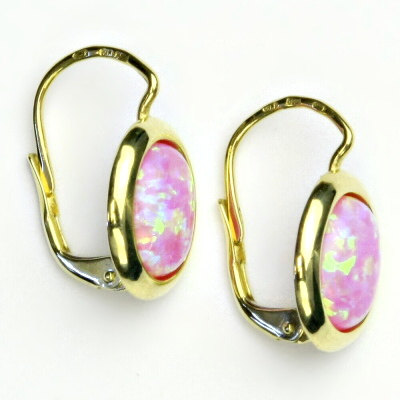 Zlaté náušnice, žluté zlato, růžový syntetický opál - NK 1453 