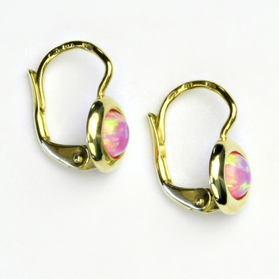 Zlaté náušice, žluté zlato, syntetický růžový opál, NK 1470