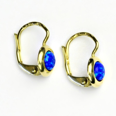 Zlaté náušice, žluté zlato, syntetický tmavě modrý opál, NK 1470