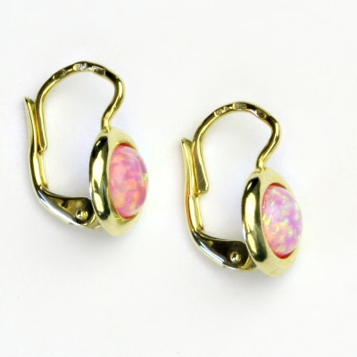 Zlaté náušice,žluté zlato, syntetický růžový opál, NK 1471 