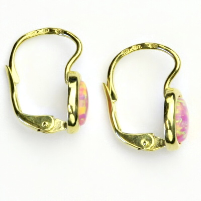 Zlaté náušnice, žluté zlato, růžový syntetický opál, NK 1354 