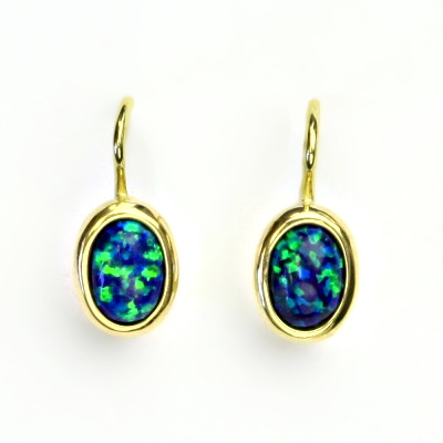 Zlaté náušnice, žluté zlato, zelený syntetický opál, NK 1354 
