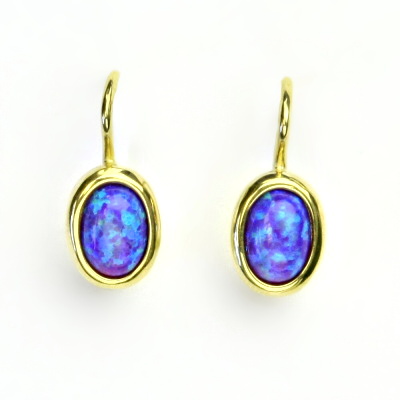 Zlaté náušnice, žluté zlato, fialový syntetický opál, NK 1354 