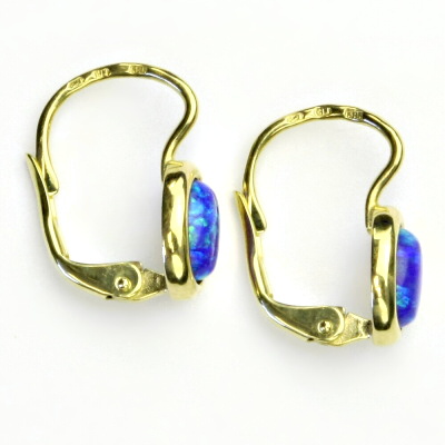 Zlaté náušnice, žluté zlato, fialový syntetický opál, NK 1354 