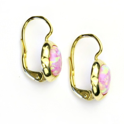 Zlaté náušnice, žluté zlato, růžový syntetický opál, NK 1374 