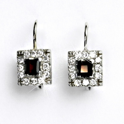 Zlaté náušnice, bílé i žluté zlato,  zirkony a přírodní  granát, VE 20