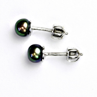 Zlaté náušnice, bílé zlato, přírodní říční černá perla 5,5 -6 mm, NŠ 1183