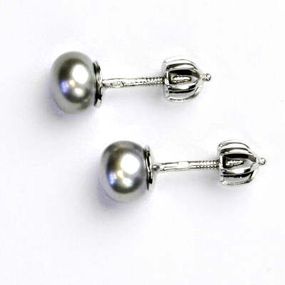 Zlaté náušnice, bílé zlato, přírodní říční perla šedá, 5,5 -6 mm, NŠ 1183 