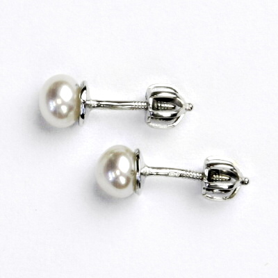 Zlaté náušnice, bílé zlato, přírodní říční bílá perla, 5,5 -6 mm, NŠ 1183