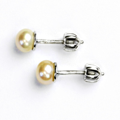 Zlaté náušnice, bílé zlato, přírodní lososová říční perla, 5,5 -6 mm, NŠ 1183