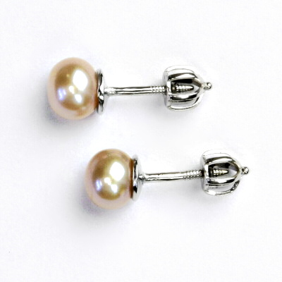 Zlaté náušnice, bílé zlato, přírodní růžová říční perla, 5,5 -6 mm, NŠ 1183 