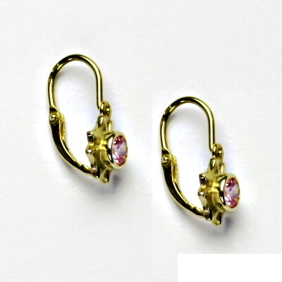 Zlaté náušnice s růžovým zirkonem, žluté zlato, dětské náušnice, NK 1383