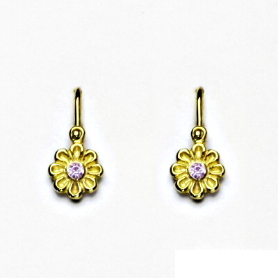Dětské zlaté náušnice kytičky ,žluté zlato ,pink zirkon - VE 175