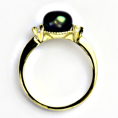 Zlatý prsten, přírodní říční perla černá, žluté i bílé zlato - T 1207